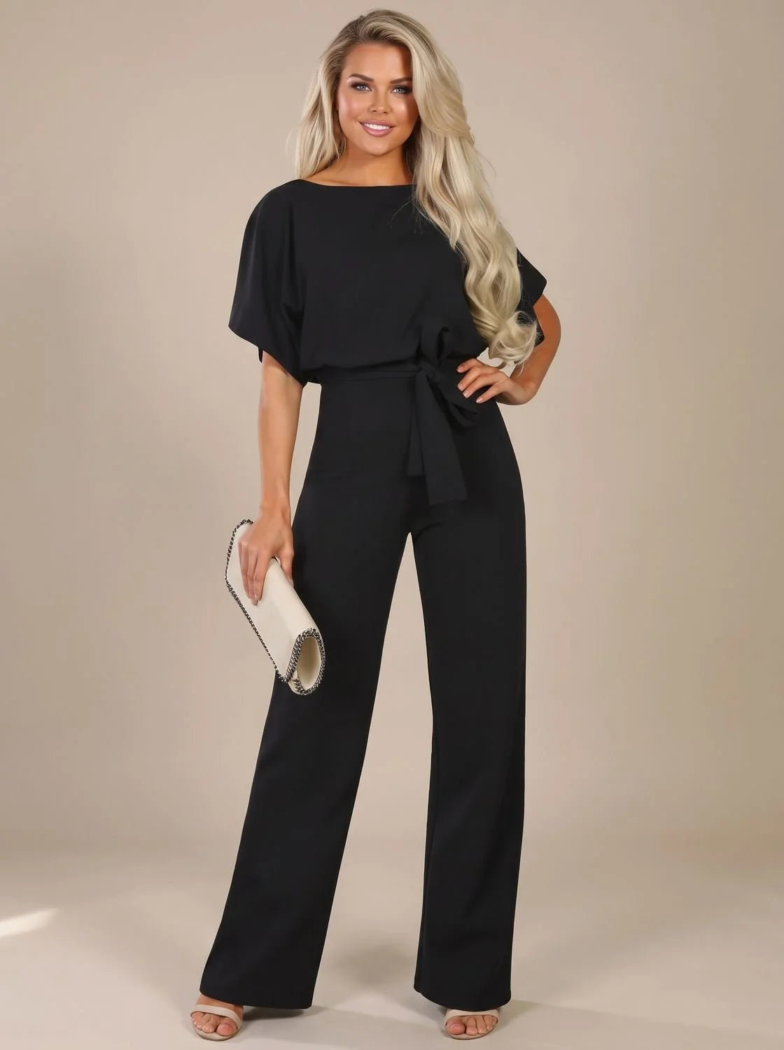 Annika | Damen Jumpsuit mit Bindegürtel und weitem Bein 1