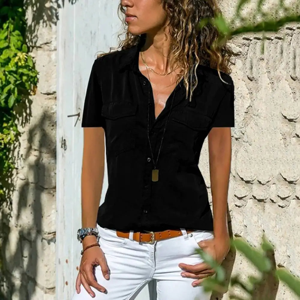 Bluzka Damska Krótki Rękaw Elegancki Styl z Kieszeniami - Eleganckie Bluzki Damskie na Co Dzień 2