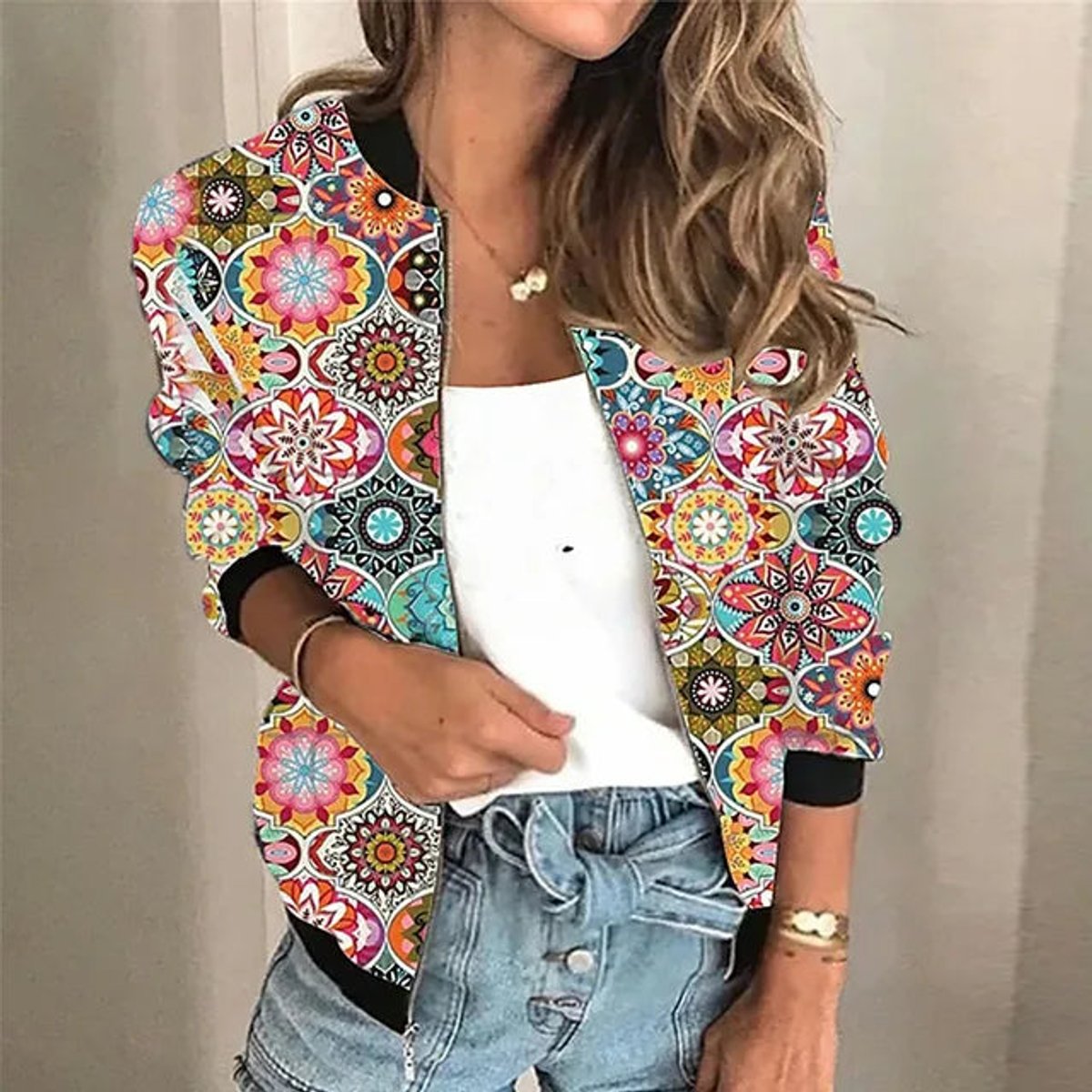 Damska kurtka bomber zimowa w kwiatowy wzór vintage z zamkiem 6