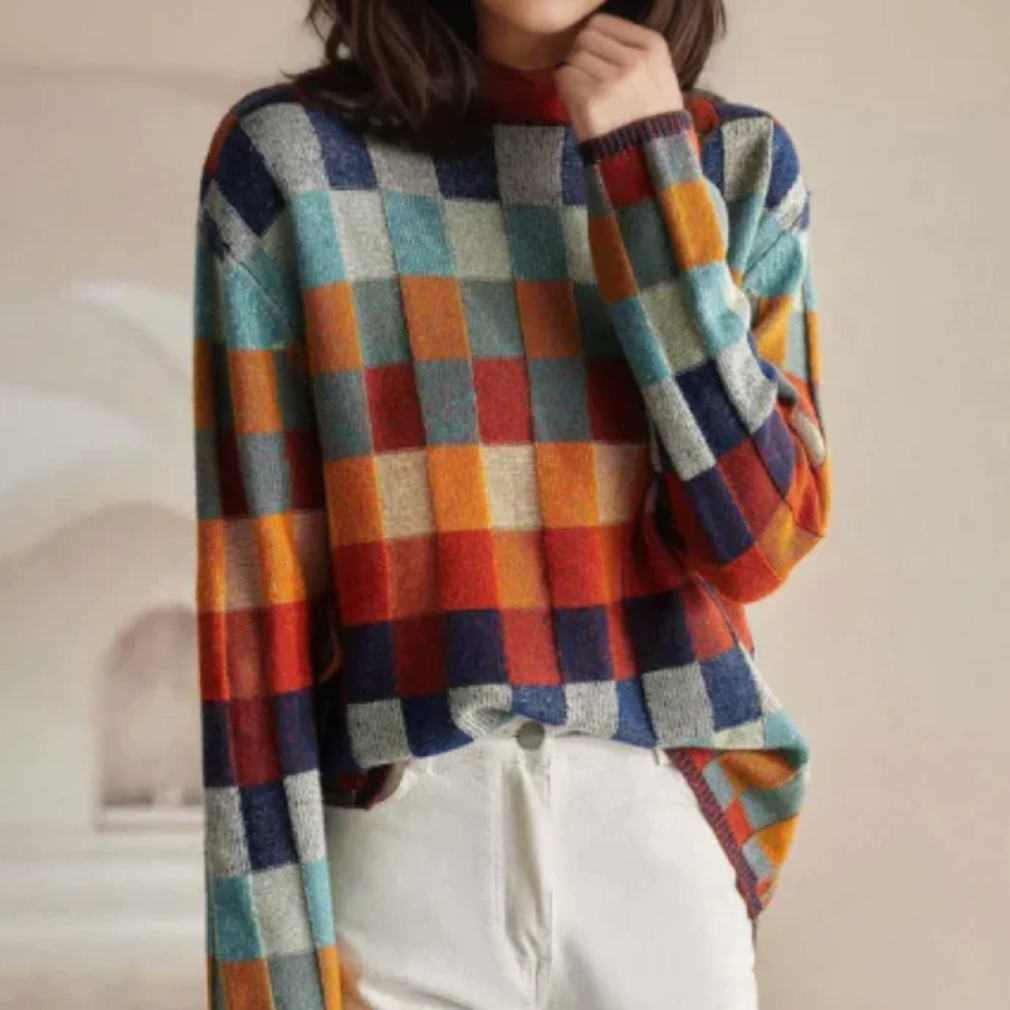 Damski Sweter z Golfem w Bloki Kolorów z Wzorem Retro 0
