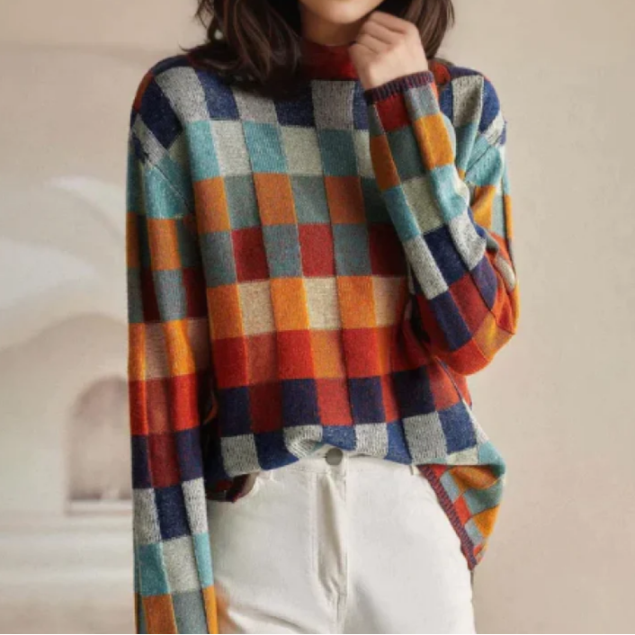 Damski Sweter z Golfem w Bloki Kolorów z Wzorem Retro 1