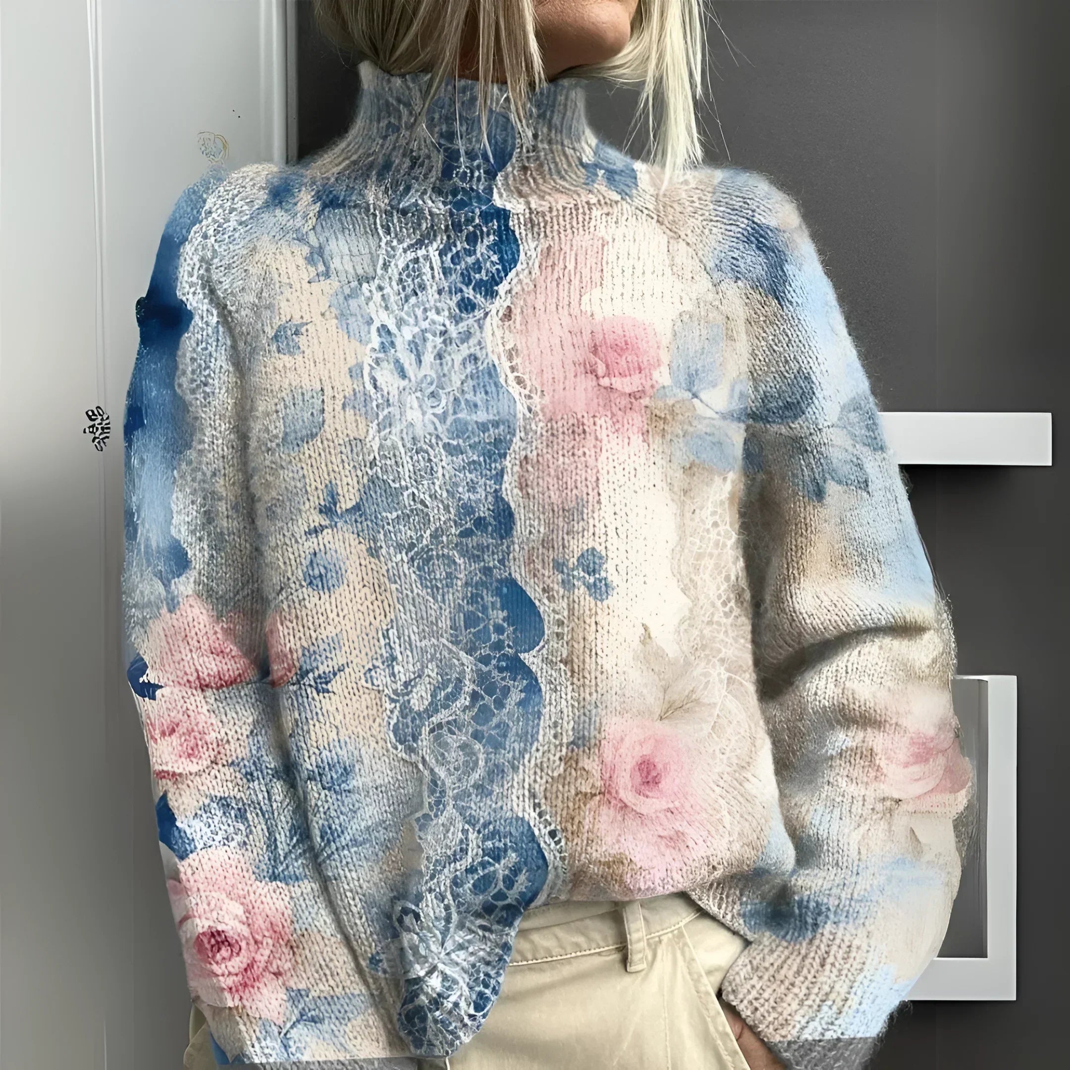 Damski Sweter z Golfem w Kwiatowy Wzór Elegancki i Komfortowy 0