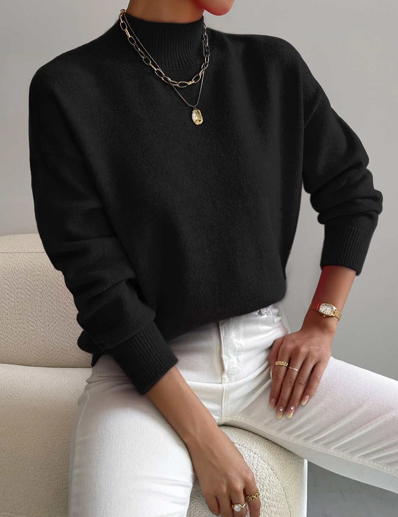 Damski Sweter z Okrągłym Dekoltem Luźny Krój Casual 4