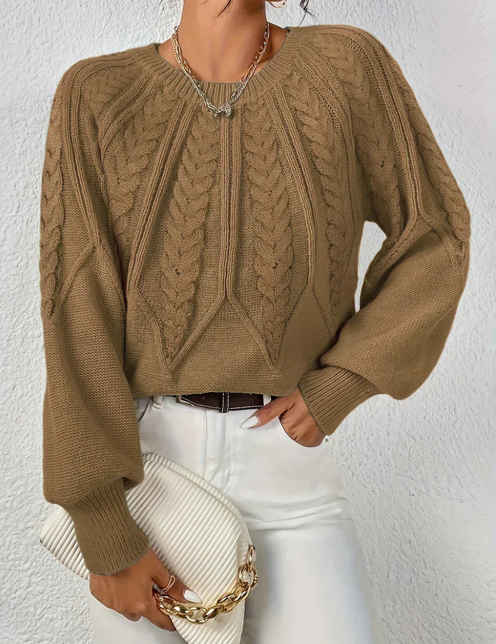 Damski sweter warkoczowy z okrągłym dekoltem luźny krój na co dzień 10