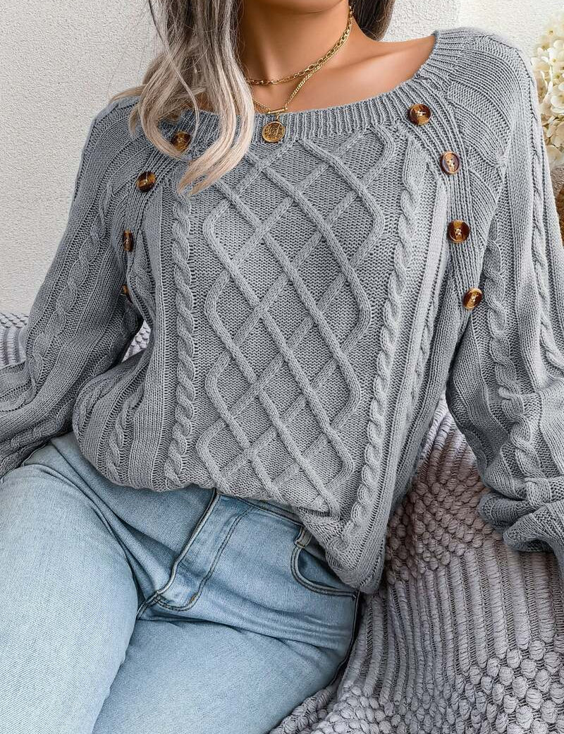 Damski sweter warkoczowy z ozdobnymi guzikami elegancki i wygodny 0