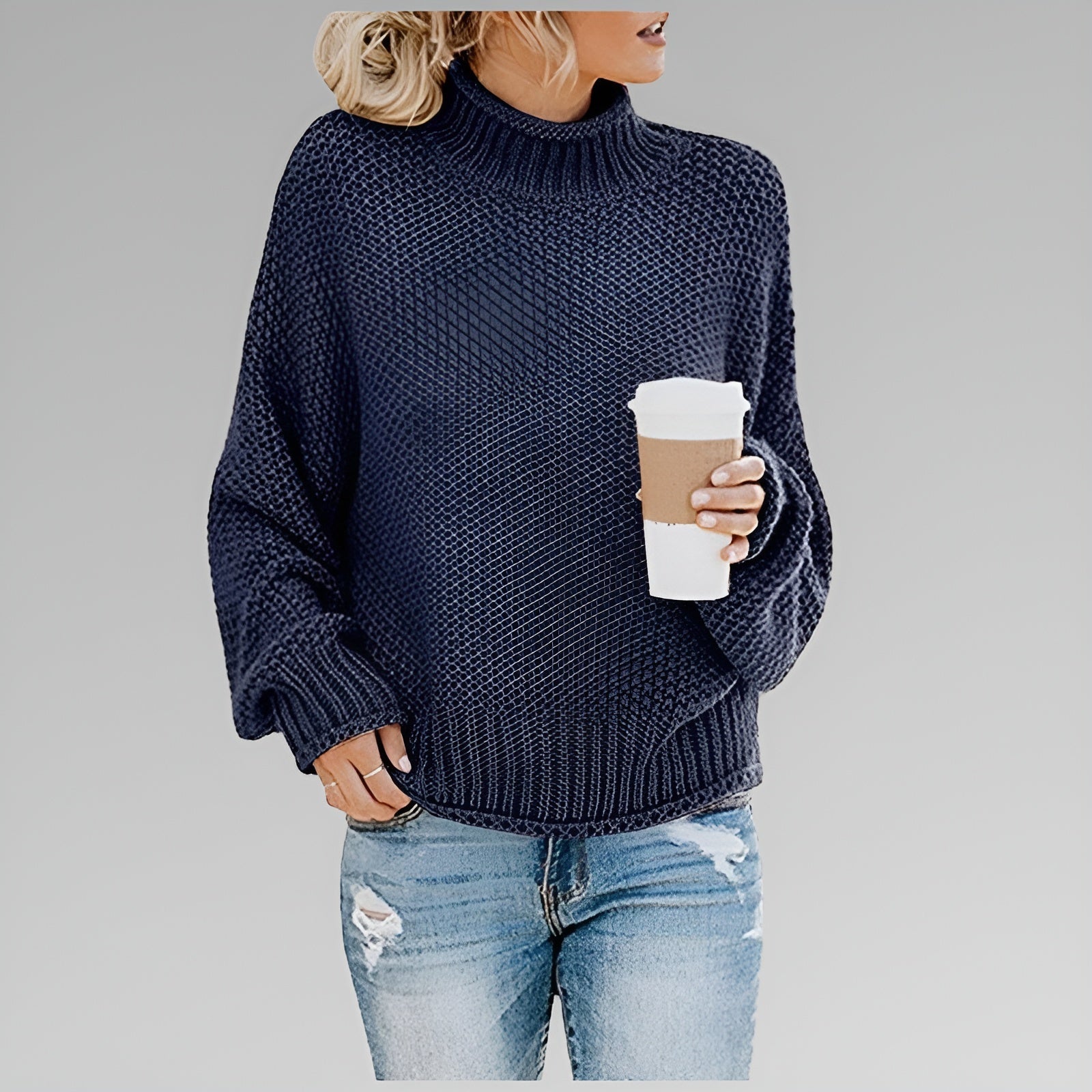 Damski sweter z golfem oversize z grubej dzianiny na chłodne dni 7