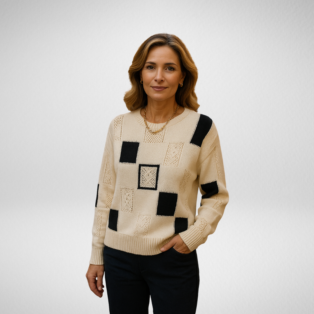 Damski sweter z patchworkowej dzianiny o luźnym kroju na sezon wiosna-lato 1