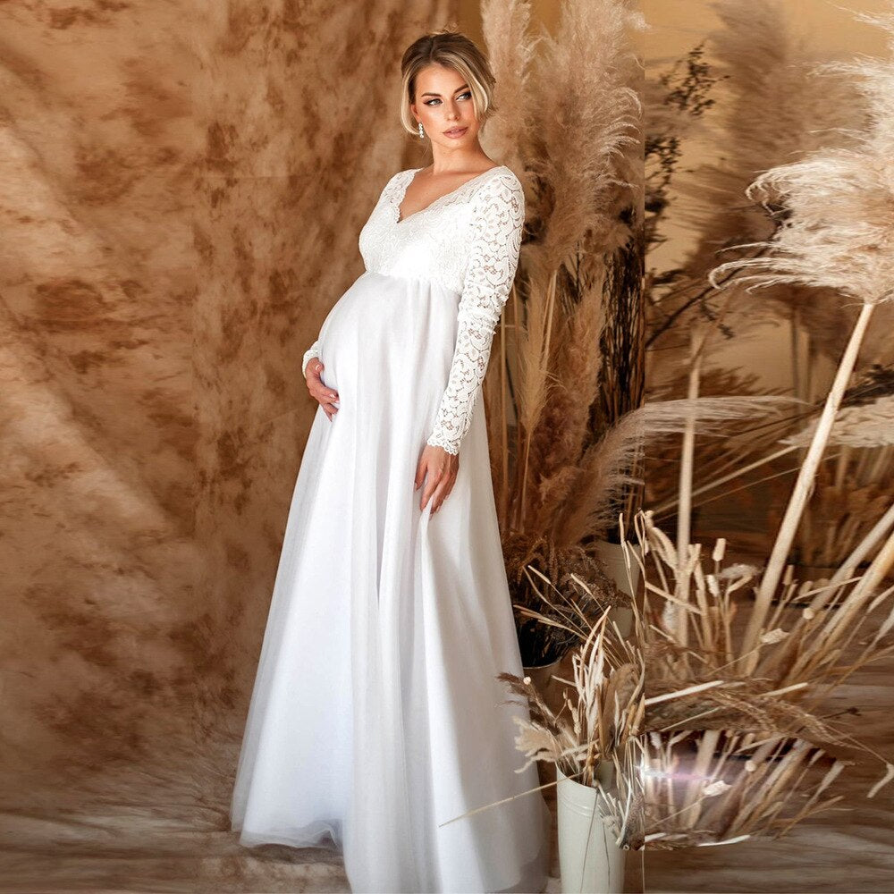 Elegancka Sukienka Ciążowa Maxi z Koronką na Wesele - Stylowa Sukienka Ciążowa dla Przyszłych Mam 0