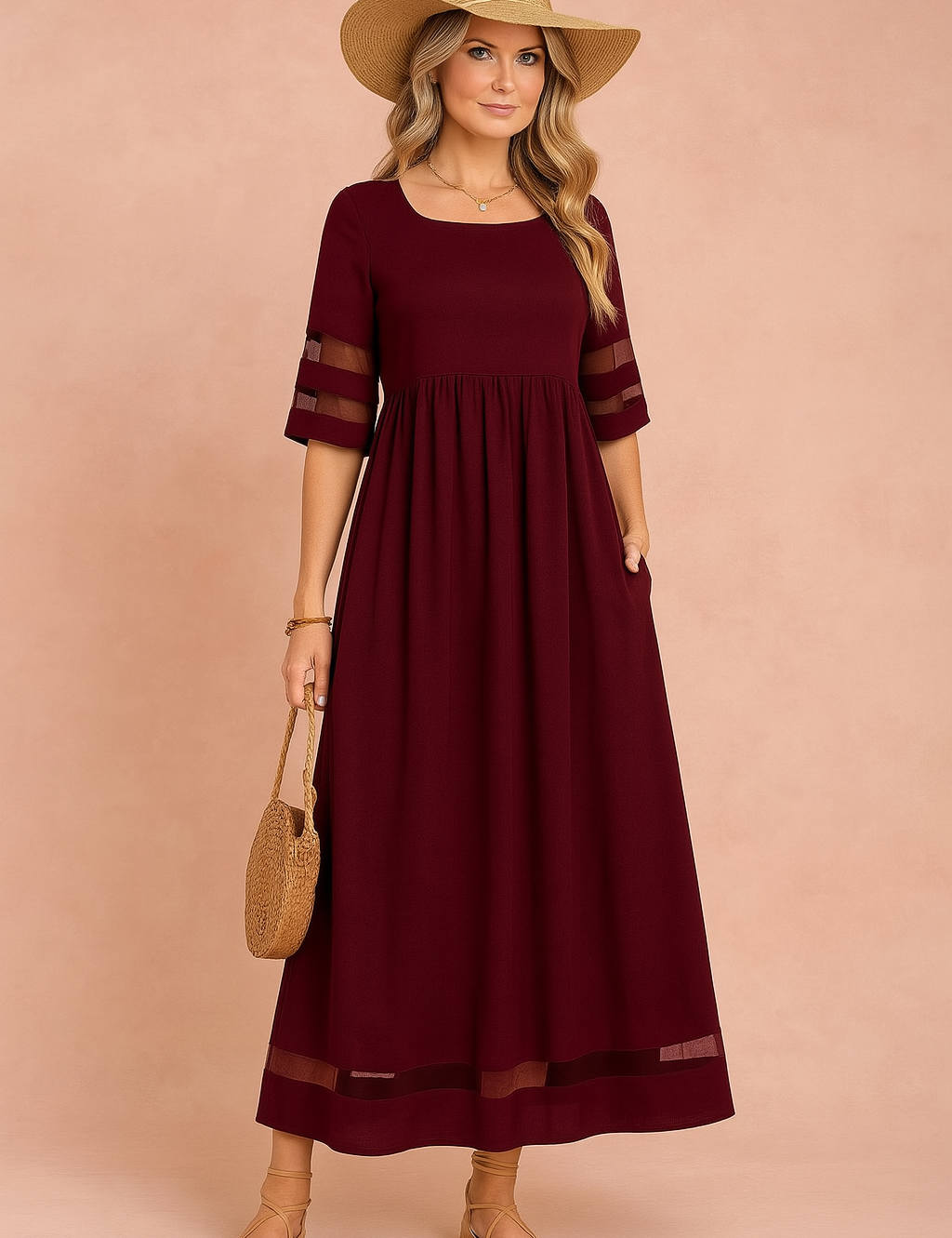 Elegancka sukienka maxi damska z kieszeniami, wysokiej jakości tkanina 1