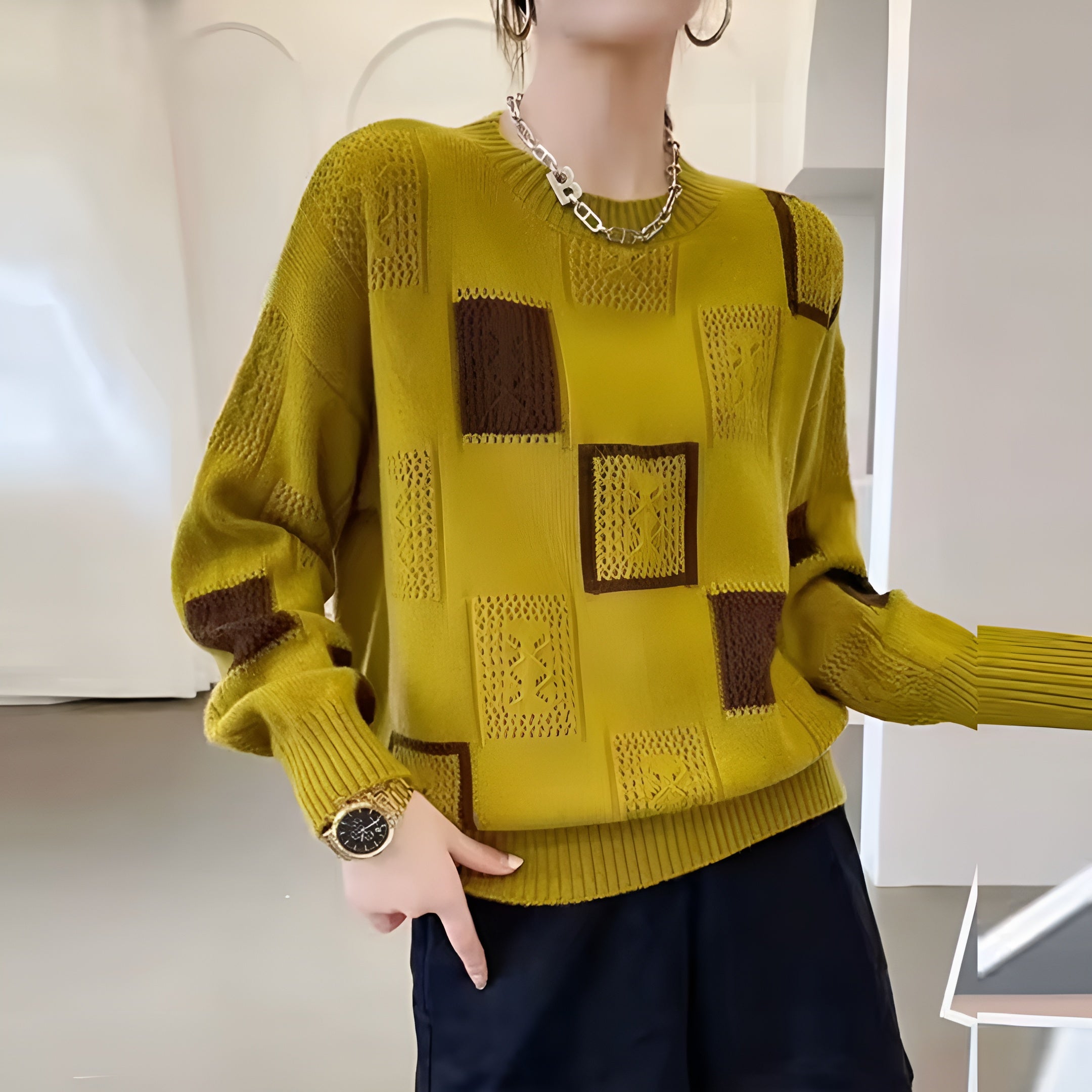 Elegancki sweter damski w kwadraty z dopasowanym krojem na co dzień 2