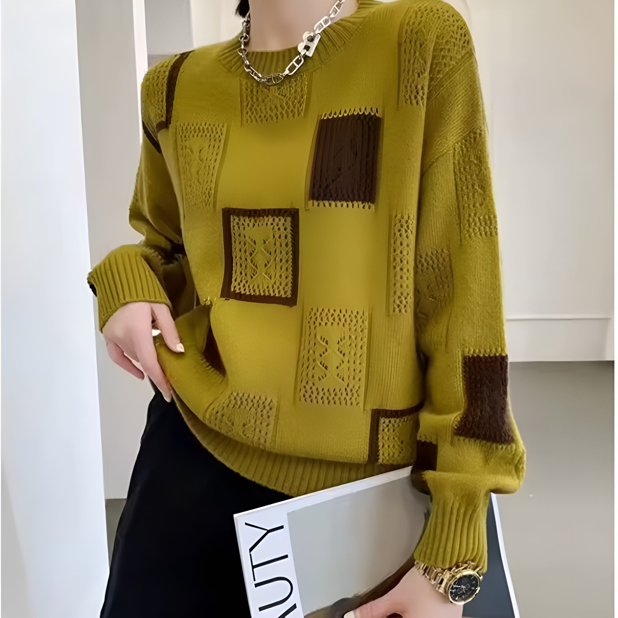 Elegancki sweter damski w kwadraty z dopasowanym krojem na co dzień 3