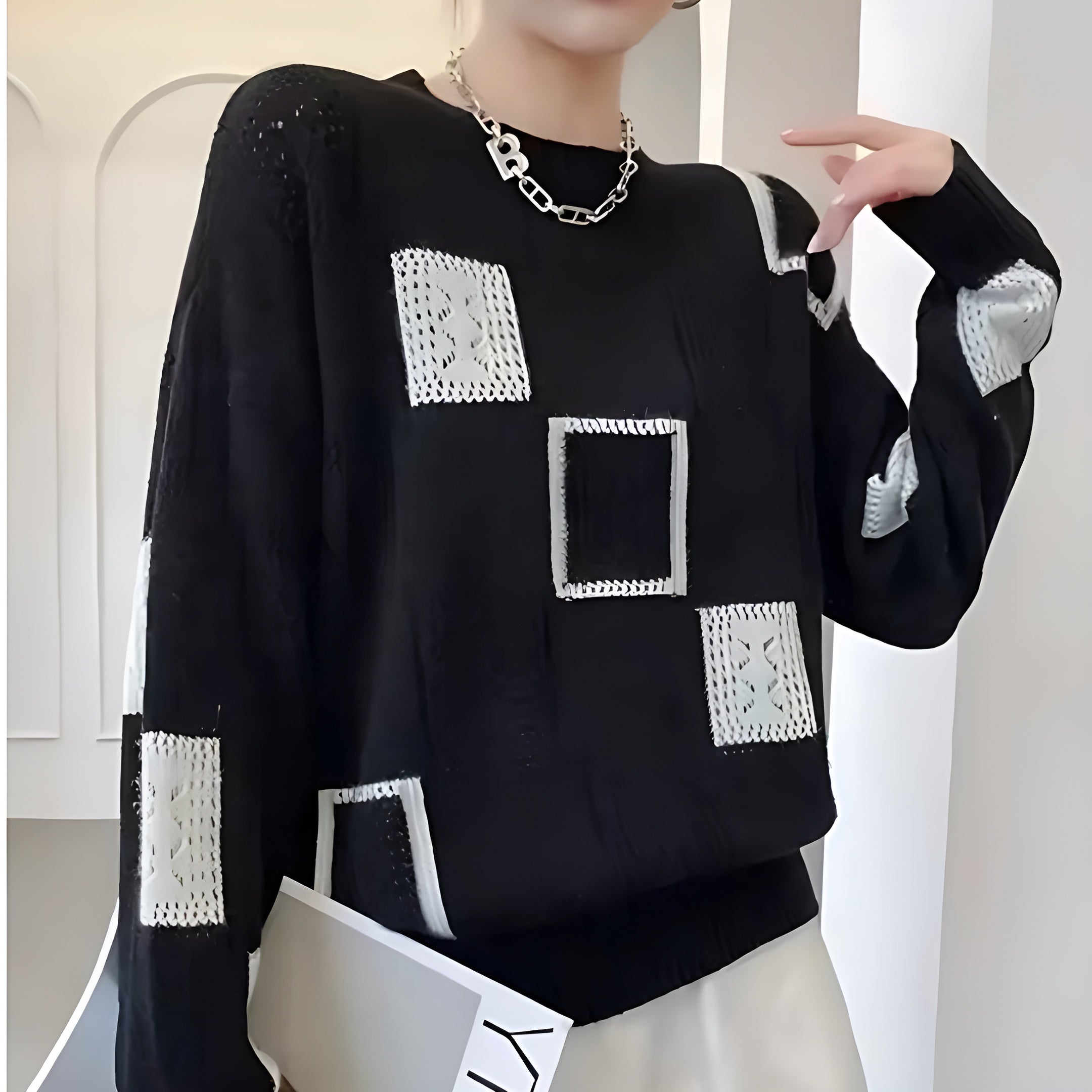 Elegancki sweter damski w kwadraty z dopasowanym krojem na co dzień 4
