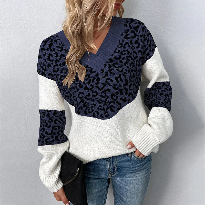 Elegancki sweter damski w panterkę z dekoltem w kształcie litery V na sezon jesień-zima 1