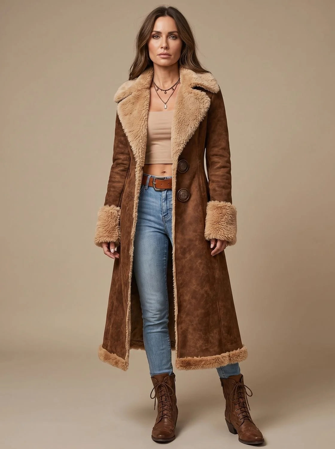 Marie | Damen Wintermantel Langer Wildleder-Kunstfell Mantel Oberbekleidung 0
