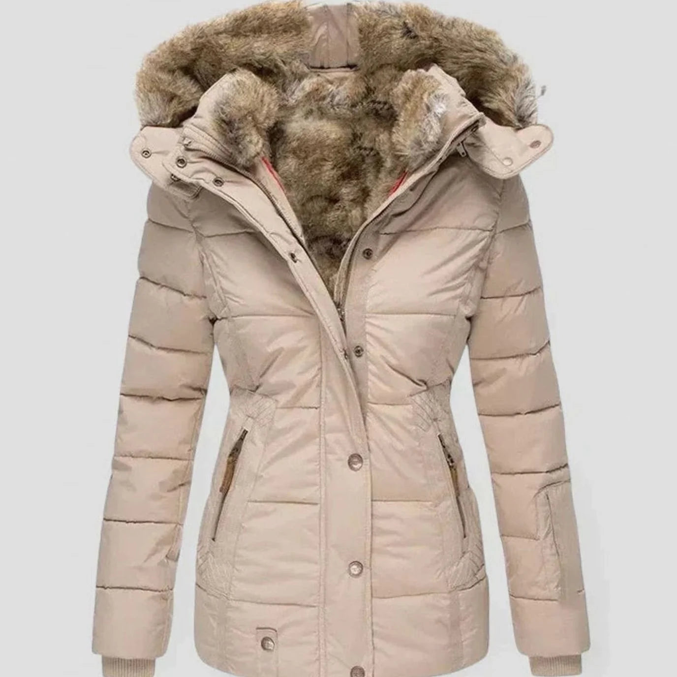 Marlene | Damen Gefütterte Winterjacke mit Kunstfell-Kapuze und Taille 0