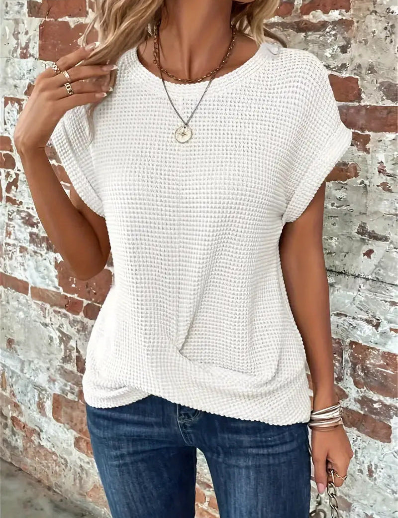 Stylowa Koszulka Damska Casualowa z Dzianiny Waflowej, Luźny Krój, Modny Design 1