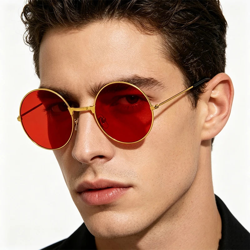 Stylowe Okrągłe Okulary Przeciwsłoneczne Unisex w Czerwonym i Żółtym Kolorze - Modny Design i Ochrona UV 1