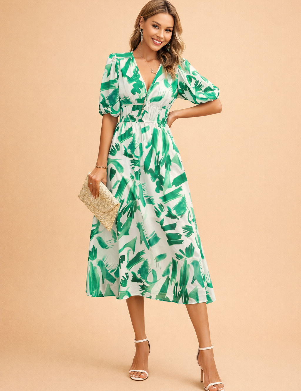 european-fashion-studio-posed-model-green-tropical-midi-dress-full-body-shopify-catalog.png
