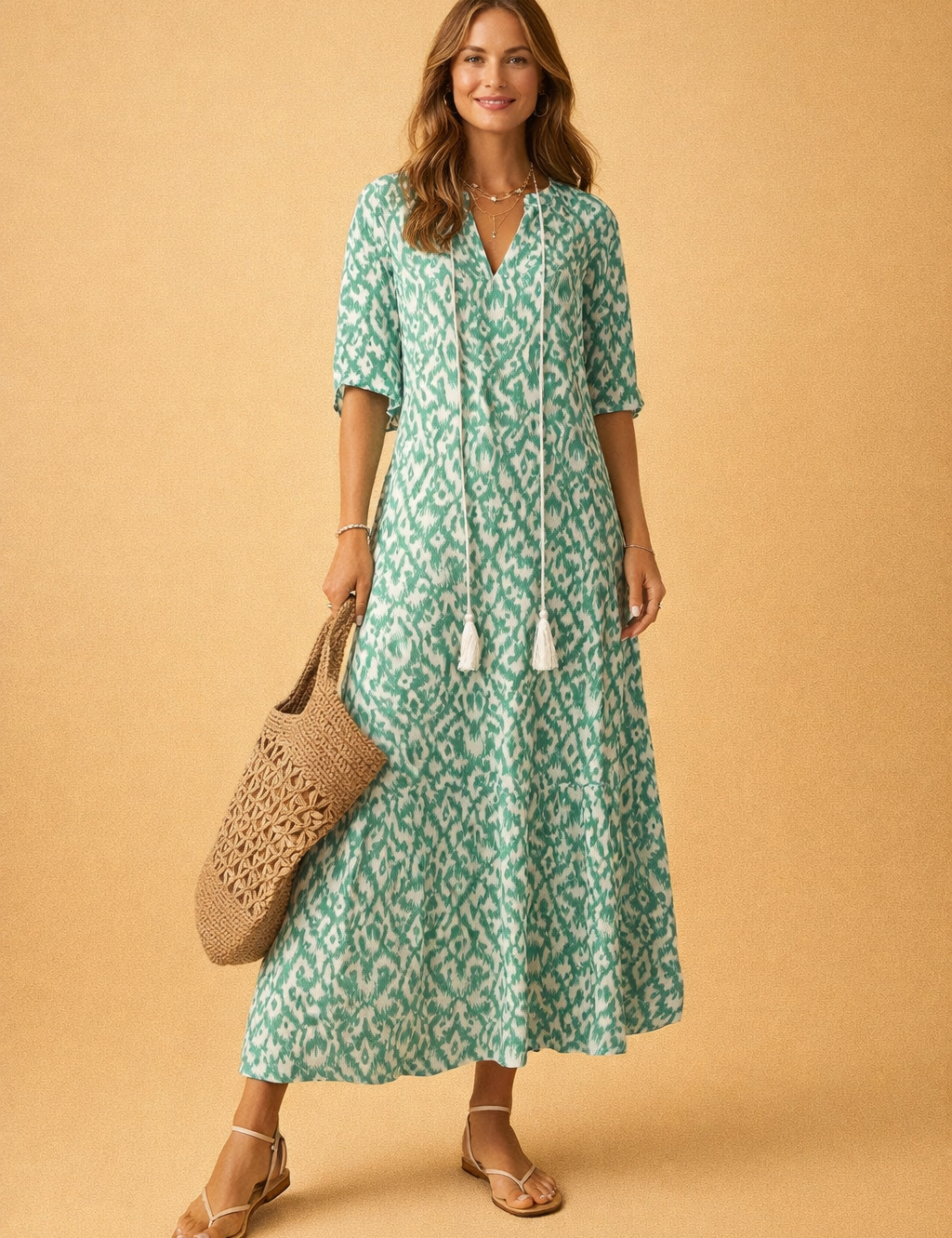 european-polish-model-green-ikat-midi-dress-full-body-studio-posed-shot-shopify-product.png