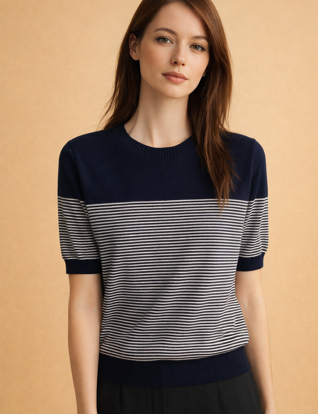 european-polish-model-navy-striped-womens-top-studio-posed-shot-warm-sand-background-4x5-ecommerc.png