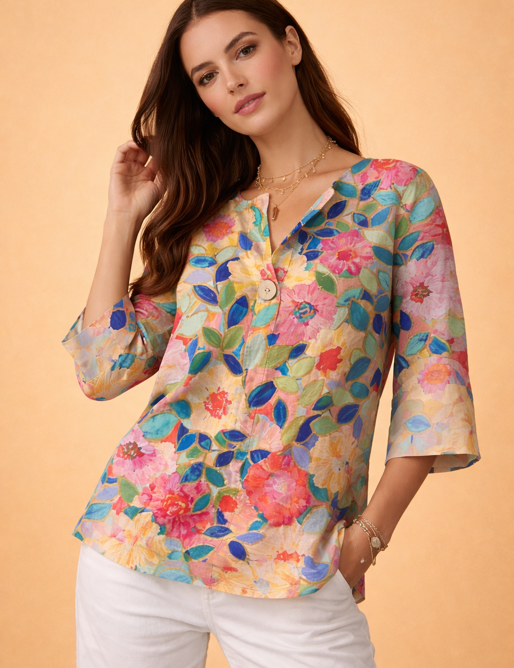 polish-model-floral-blouse-studio-pose-warm-sand-background-premium-ecommerce.png
