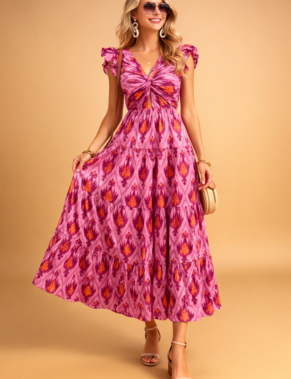 polish-model-posed-studio-shot-pink-ikat-maxi-dress-caramel-background.png
