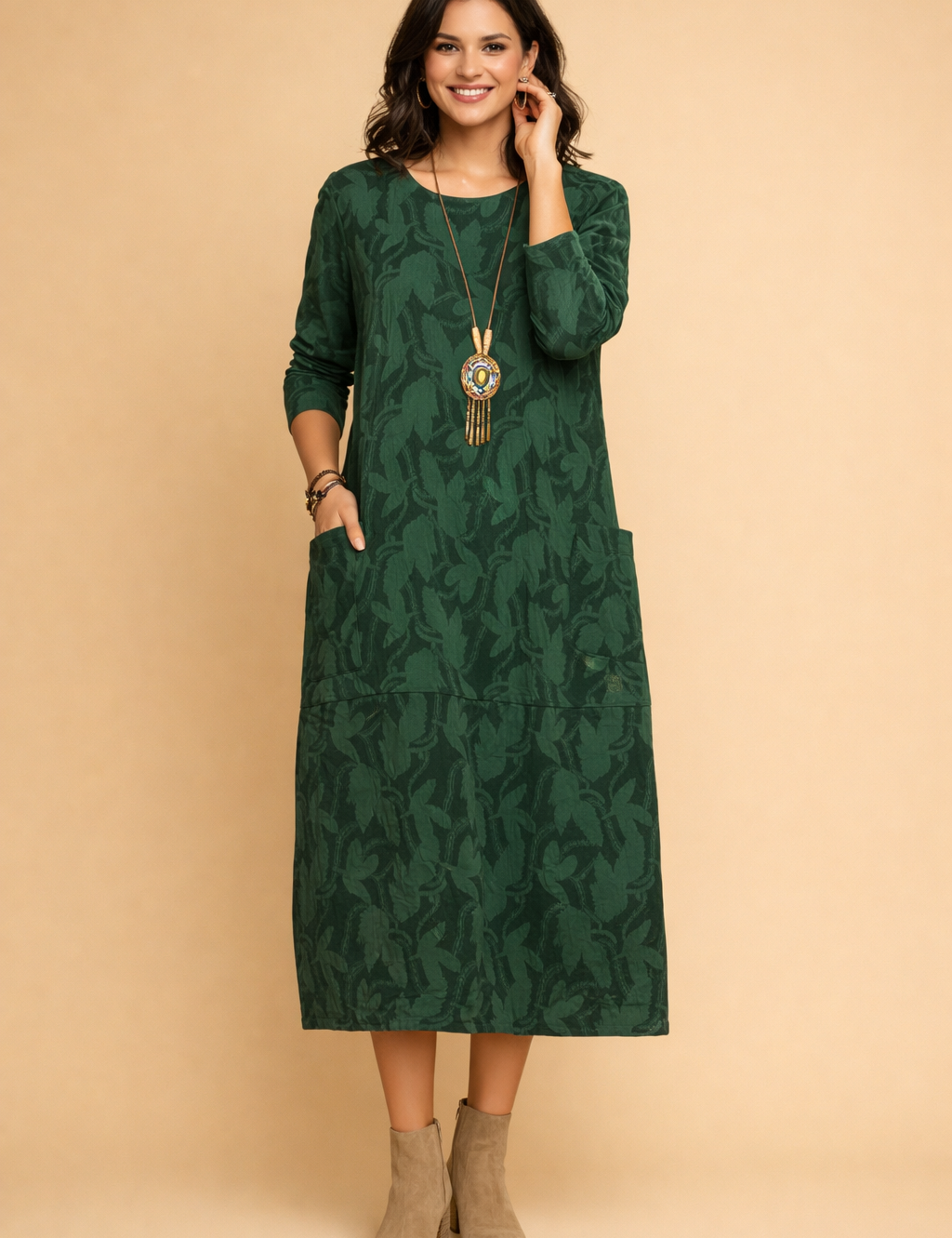 polish-model-wearing-forest-green-leaf-print-midi-dress-studio-posed-full-body.png
